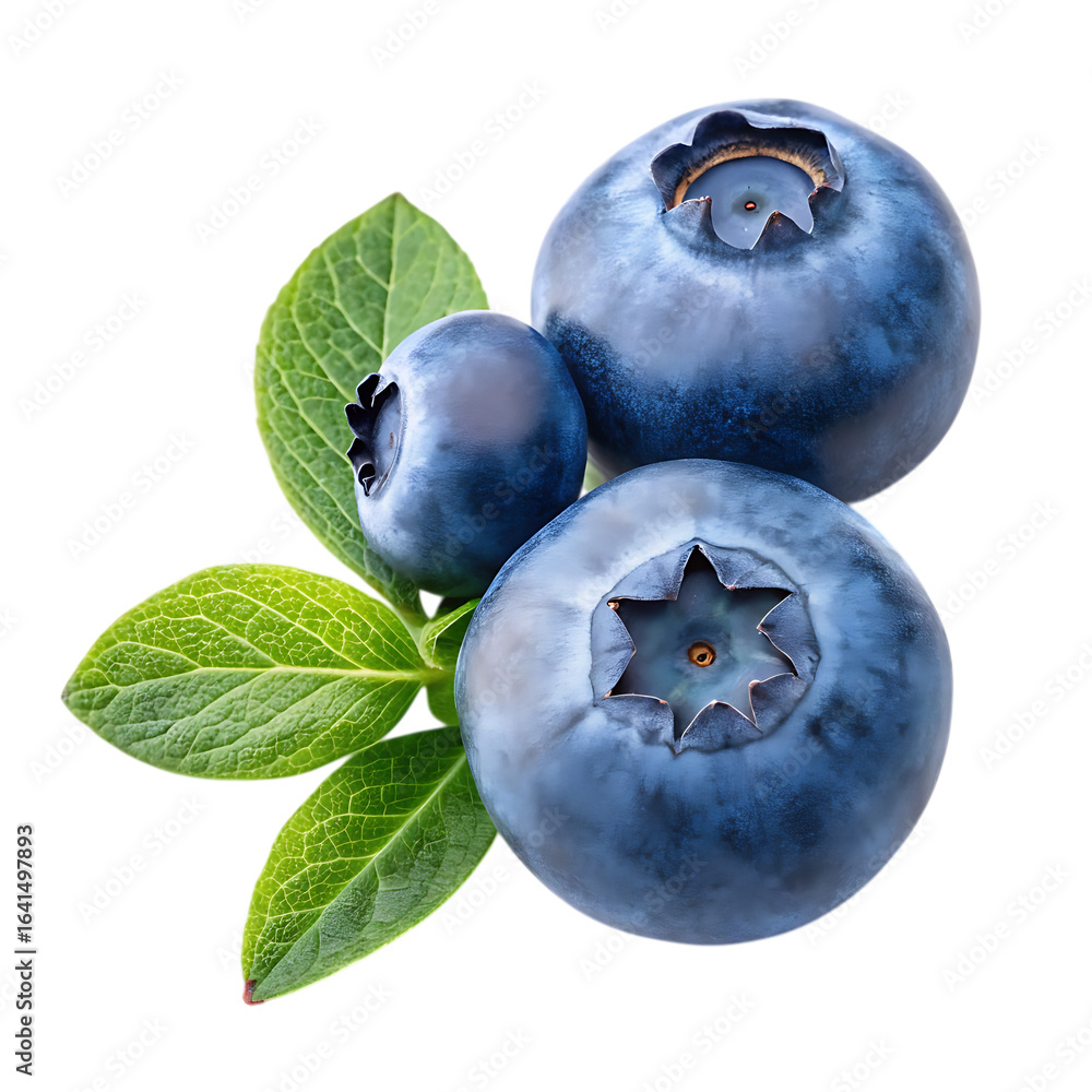 Obraz premium Three fresh blueberries with green leaves isolated on transparent background