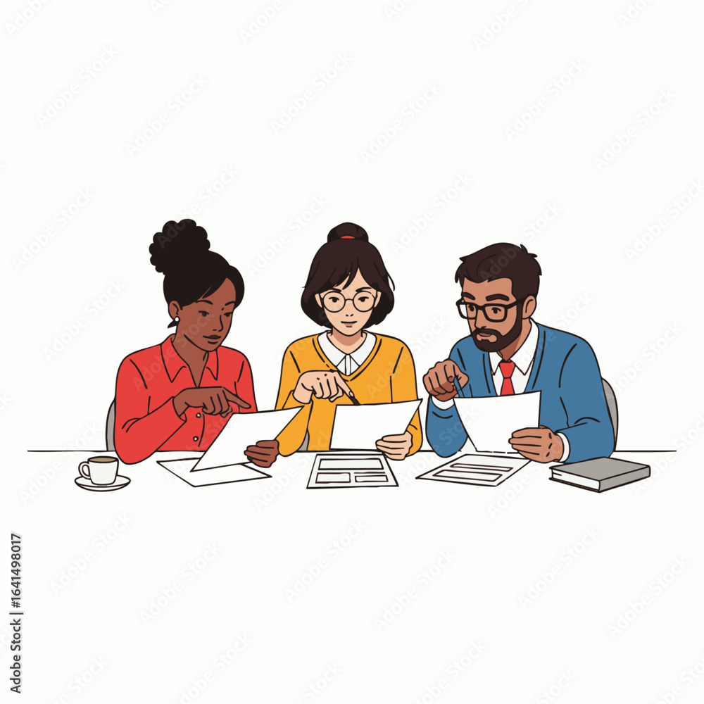 Fototapeta premium A diverse group of three professional colleagues collaborates intently, reviewing important documents and discussing strategies during a productive business meeting.