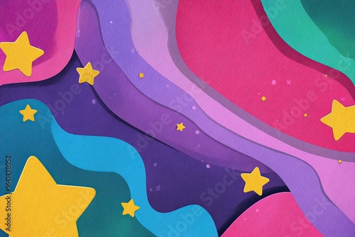 Abstract, colorful paper-cut background with flowing, layered shapes and scattered stars