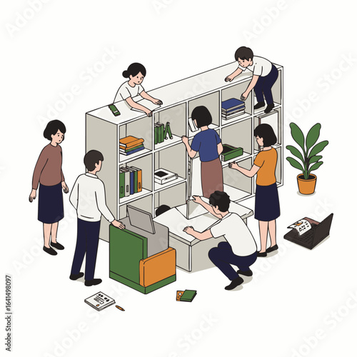 A diverse group of colleagues collaboratively organizes a large, modern office shelving unit, demonstrating efficient teamwork and effective workspace management.