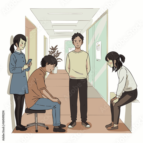 A diverse group of people occupies a quiet hallway, some waiting patiently while others are engrossed in their devices or deep in thought.