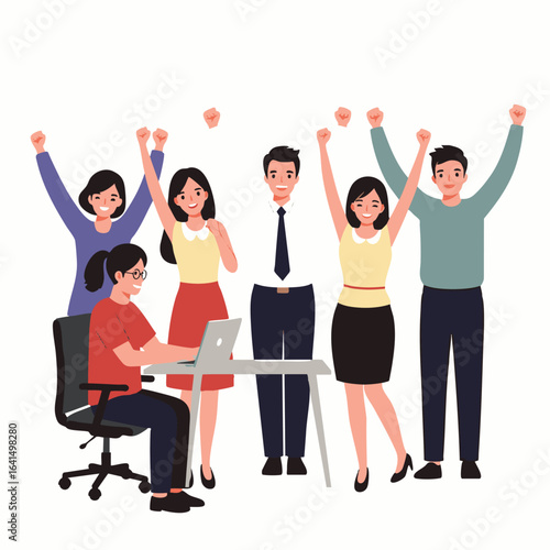 A diverse team of enthusiastic professionals celebrates a significant business achievement, demonstrating successful collaboration and a positive, supportive work environment.