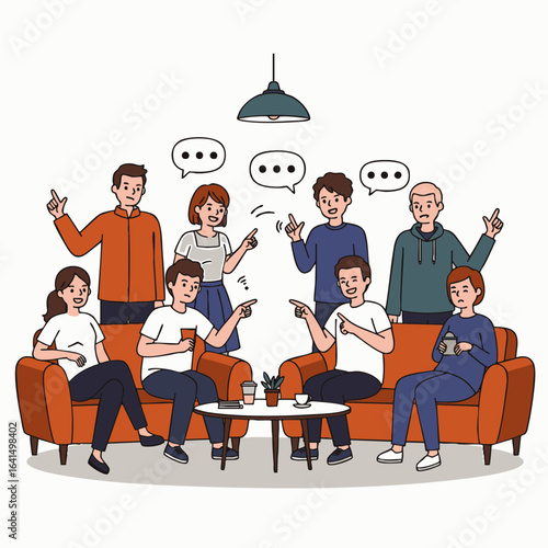 This illustration portrays a diverse group of individuals engaged in an animated discussion, pointing and expressing opinions within a modern living room, highlighting social dynamics.