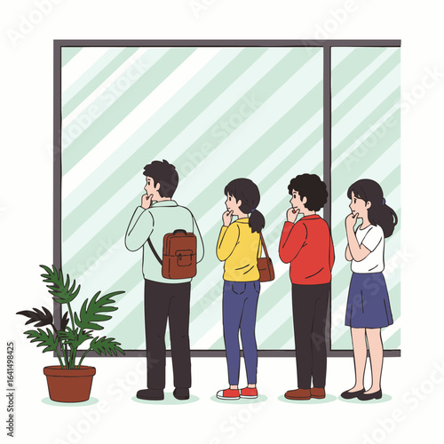 Four diverse individuals stand patiently in a thoughtful queue, gazing intently at a large reflective window in a modern public space.