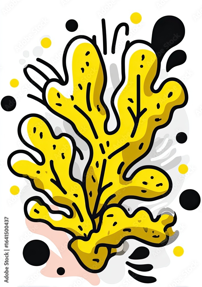 Naklejka premium Bold yellow stylized seaweed illustration on a white background with abstract shapes and color splashes