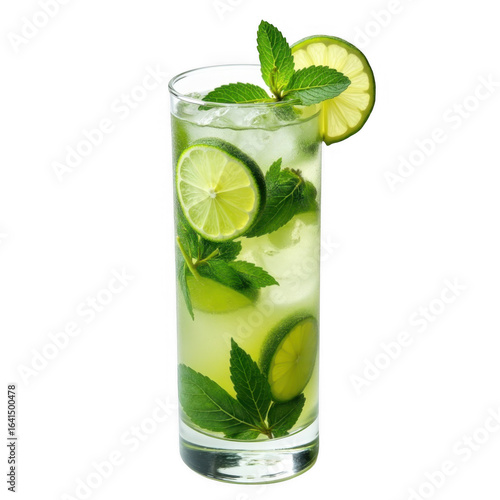 Refreshing glass of classic mojito cocktail with lime slices mint and ice cubes transparent background