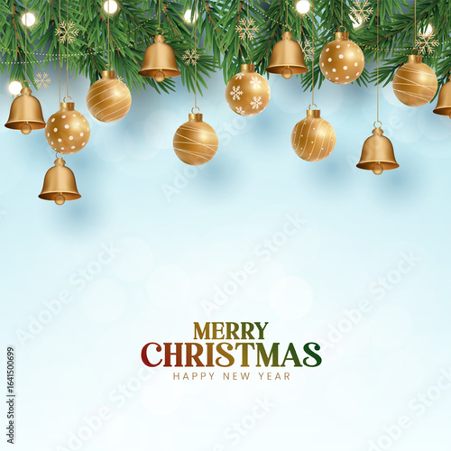 Christmas decoration with christmas balls and bells with fir branches and Christmas lights  background. Bright Christmas and New Year design holiday frame. 