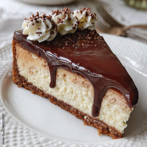 Delicious chocolate cheesecake slice on a plate.