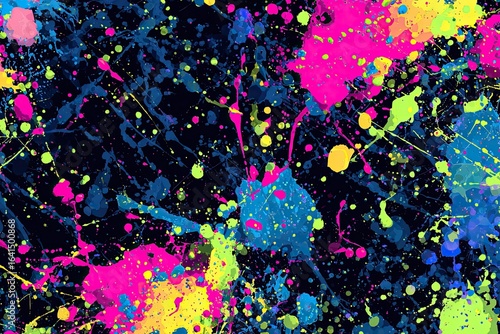 Abstract vibrant paint splatter pattern on a dark background