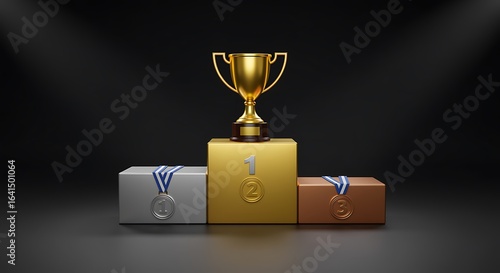 Victory podium with gold cup and medals representing first second and third place in a competition setting