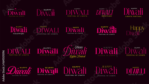 Happy Diwali Calligraphy, Typography Set. Beautiful and creative calligraphy set for Happy Diwali Text vector illustration.
