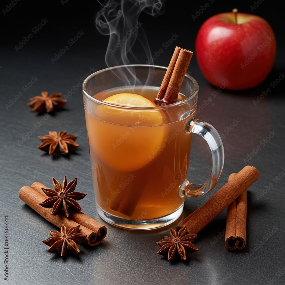 Exquisite Steaming Apple Cider Still Life with Cinnamon and Anise, 8k Masterpiece. Exquisite Steaming Apple Cider Still Life with Cinnamon and Anise, 8k Masterpiece.