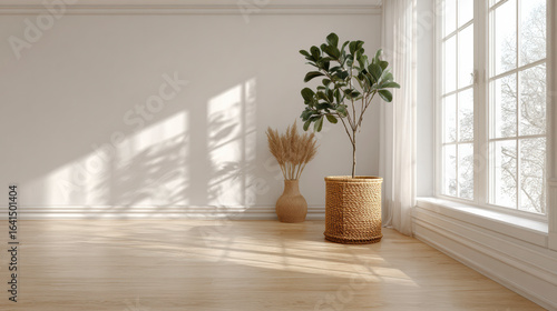 Minimalist room featuring sunlight, plant, pampas grass, wooden floor, and neutral tones, fostering calm and simplicity.