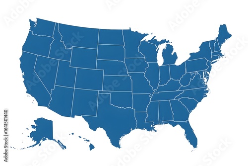 United States Map with States Outline Blue Isolated