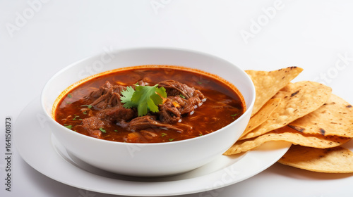 Birria spiced stew, tender goat and beef, rich broth steaming, served with warm tortillas, isolated on white background, food photography, soft natural lighting