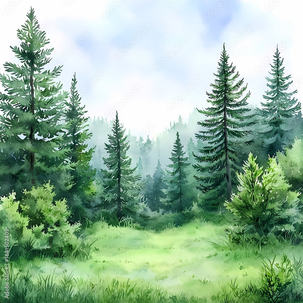 Fototapeta premium Tranquil nature scene enchanted forest illustration serene environment aerial view peaceful concept for mindfulness and relaxation