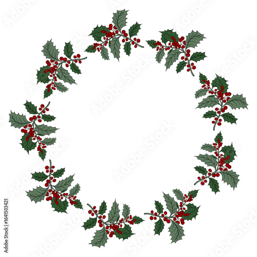 Christmas plant holly berries frame wreath. Winter seasonal decoration plant with green leaves. Xmas and New Year element collection 