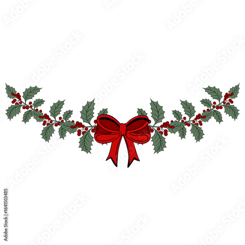 Christmas plant holly berries decorations with red bow. Winter seasonal decoration plant with green leaves. Xmas and New Year element collection 