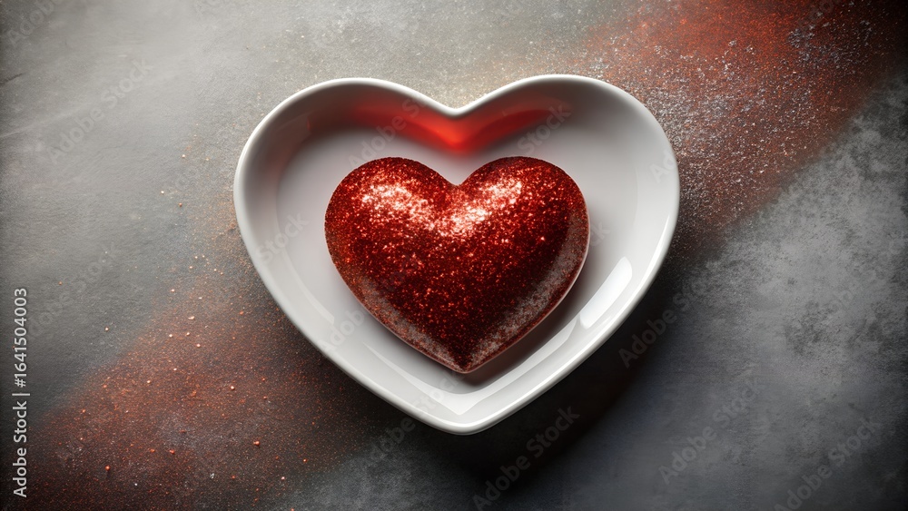 Obraz premium Photo of a sparkling red heart sits in a white heartshaped dish, symbolizing love and romance on a textured background