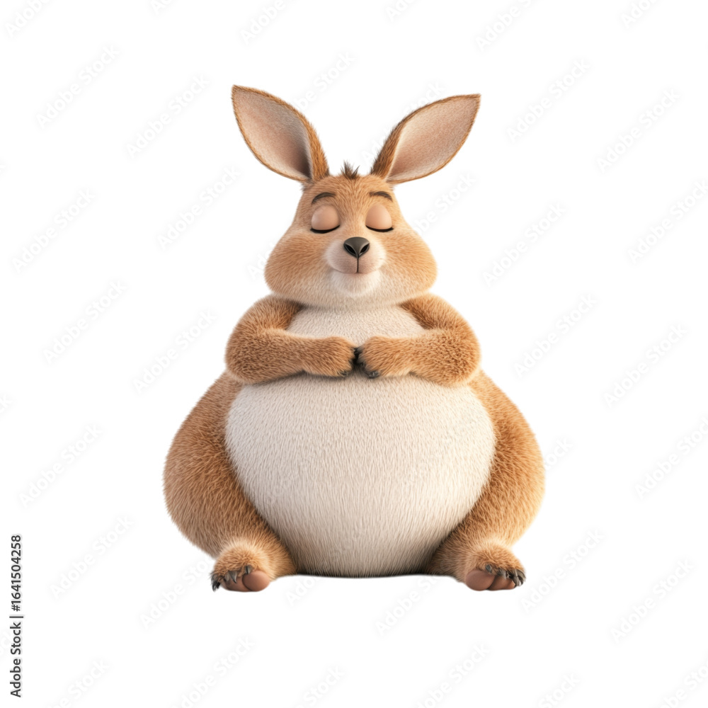 Fototapeta premium Cute cartoon rabbit with closed eyes, sitting peacefully and smiling, showcasing fluffy body