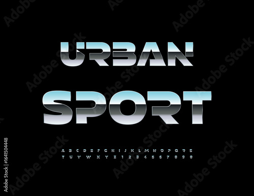 Vector Activity icon Urban Sport. Modern Silver Font. Reflective Metallic Alphabet Letters and Numbers set.