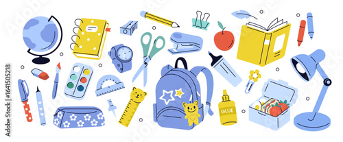 Back to school supplies set. School stationery collection. Backpack, book, notebook, pen, globe and other educational elements. Modern cartoon concept. Vector illustration.