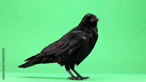 Majestic Black Crow or Raven Standing in Profile on a Green Screen for Easy Background Removal