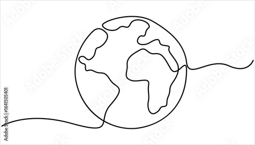 Continuous one line art drawing of earth planet, Globe, geography vector outline, Globe in one line style, World map with curve line. Linear globe symbol. 