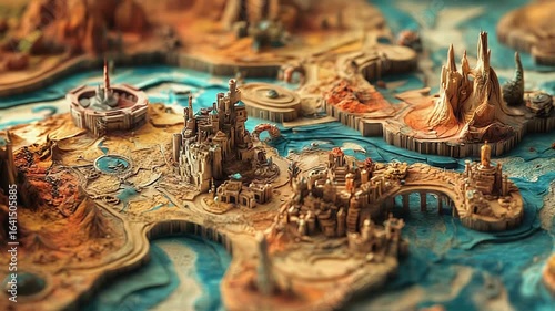 Ancient fantasy kingdom emerging from turquoise sea on carved map