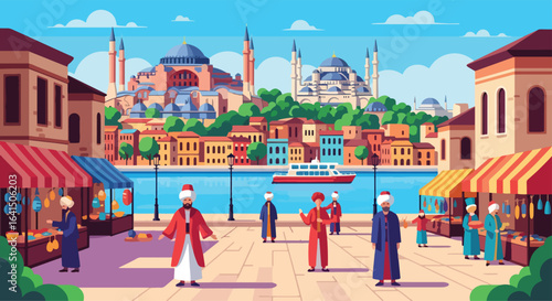 Adobe Illustrator Artwork flat style picturesque illustration of the historic Istanbul cityscape featuring the Hagia Sophia, Blue Mosque, and the Bosphorus Strait with boats