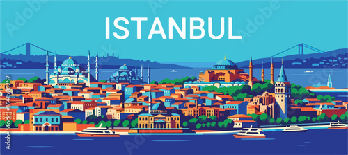 Adobe Illustrator Artwork flat style picturesque illustration of the historic Istanbul cityscape featuring the Hagia Sophia, Blue Mosque, and the Bosphorus Strait with boats