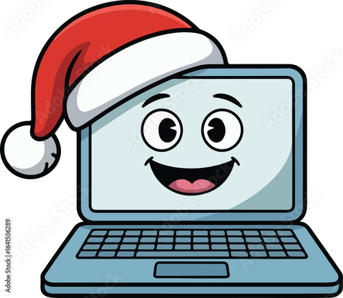 Laptop Cartoon Mascot Wearing Santa Hat