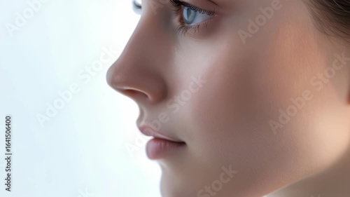 Detailed side-profile portrait fair-skinned woman. The focus is on smooth skin texture, shape her nose, lips,, long lashes framing her blue eye. Soft, bright lighting completes