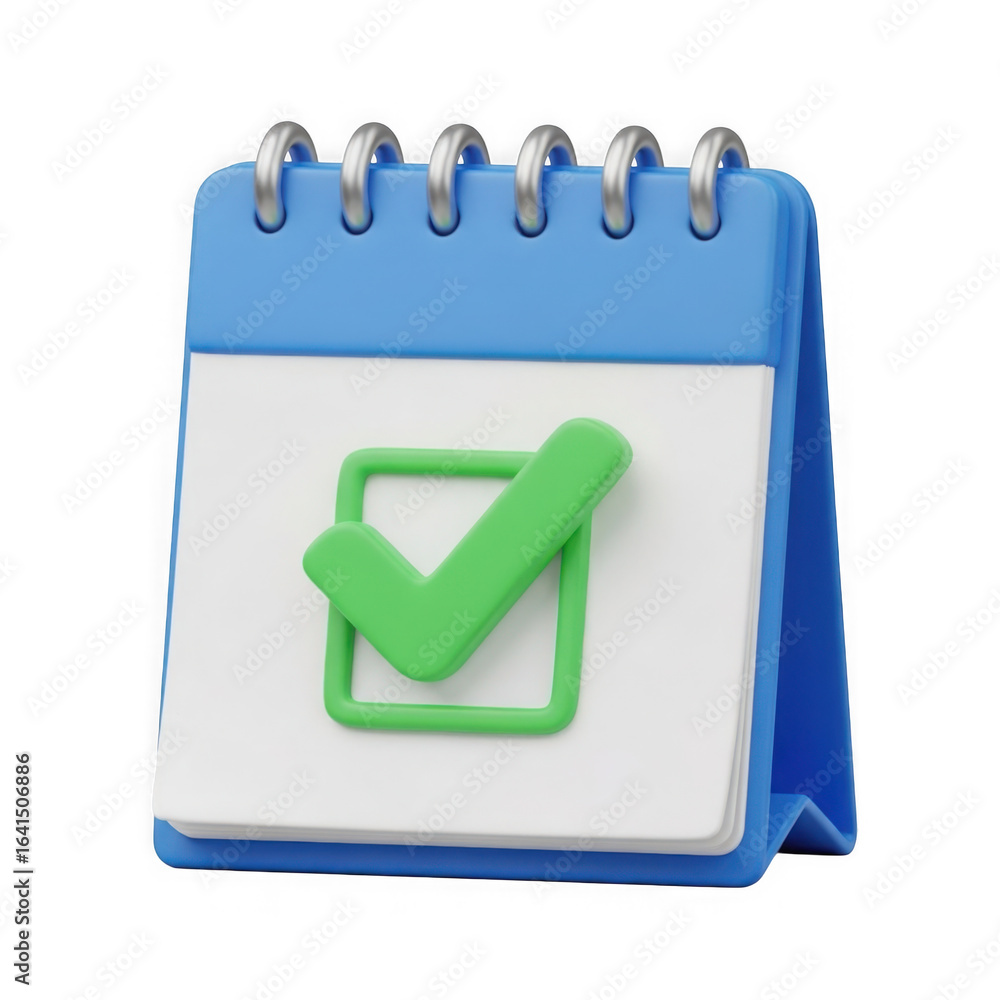 3d illustration of a desk calendar with a green checkmark inside a square on a white page isolated on transparent background 3d illustration of a desk calendar with a green checkmark inside a square on a white page isolated on transparent background