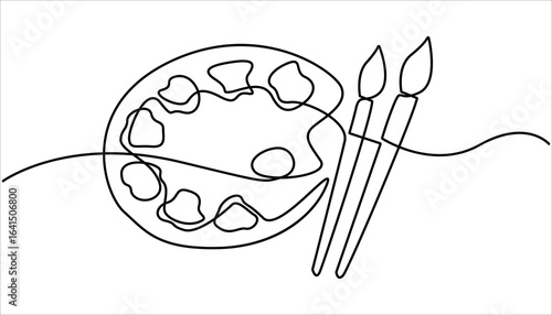 one line art palette and brush vector icon. single line, one continuous line, simple, hand drawn and sketch style. One Continuous Line Drawing of Art Class Icon. Single Line Vector Illustration.