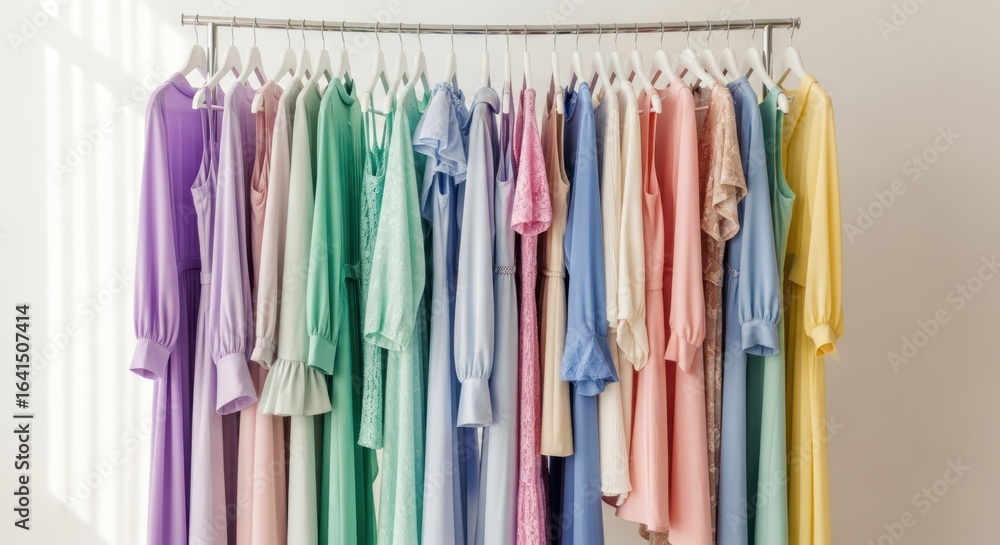 custom made wallpaper toronto digitalDresses on rack in pastel colors, natural light, fabric texture visible