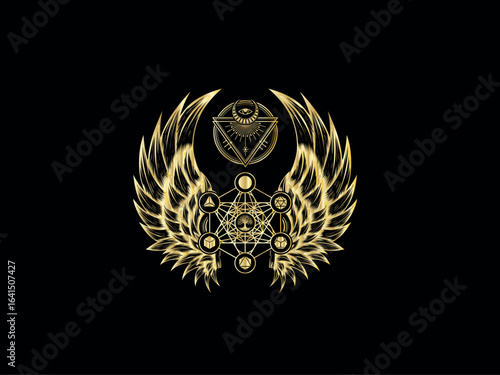 Golden winged symbol with intricate geometric patterns and celestial elements on a black background, evoking mystery and ancient wisdom.