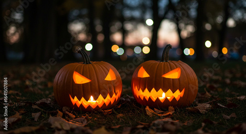 Wallpaper Mural Two scary carved pumpkins with menacing, glowing faces sit on fallen autumn leaves in the dark woods at twilight, a perfect scene for a spooky and eerie Halloween night Torontodigital.ca