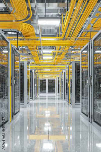 Server room with rows of equipment and yellow cables overhead, showcasing data infrastructure and technology.