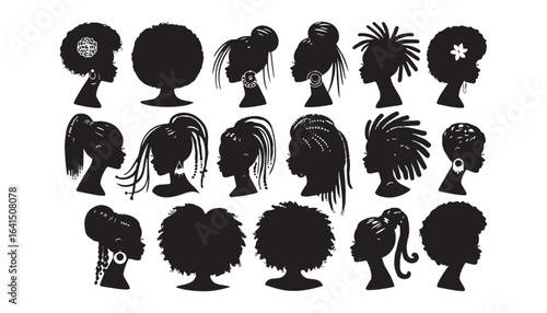 set of silhouettes of woman hair style 
