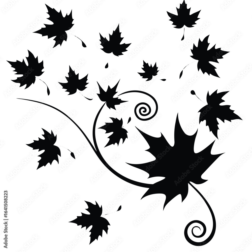 Fototapeta premium Black silhouette of falling maple leaves with swirling vine