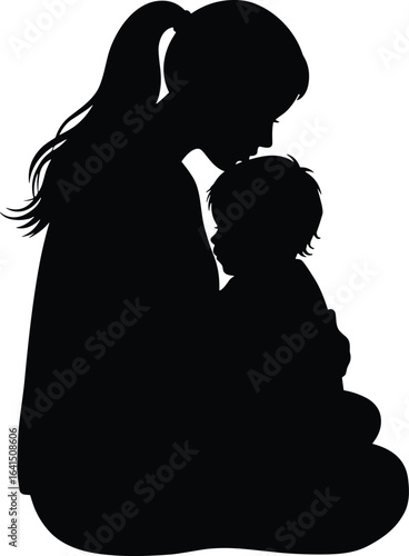 Mother holding baby close, loving parent and child silhouette, maternal care, family bond, affectionate embrace, tender moment, motherhood love, nurturing, protection, emotional connection, 