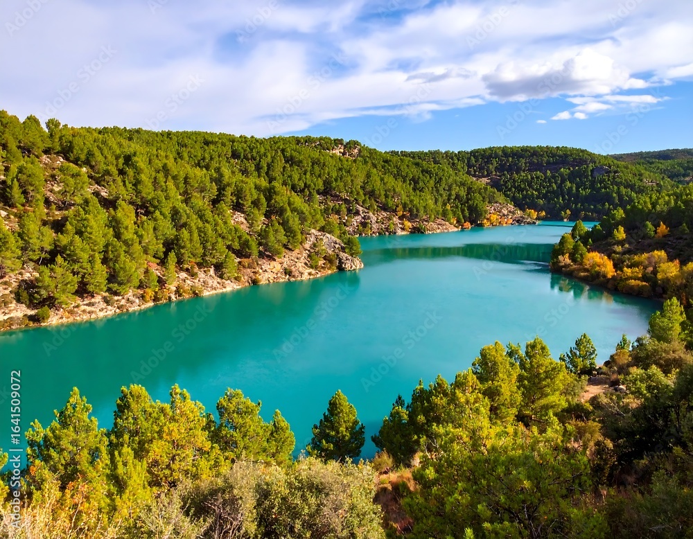 Obraz premium Turquoise lake nestled in a valley of pine trees