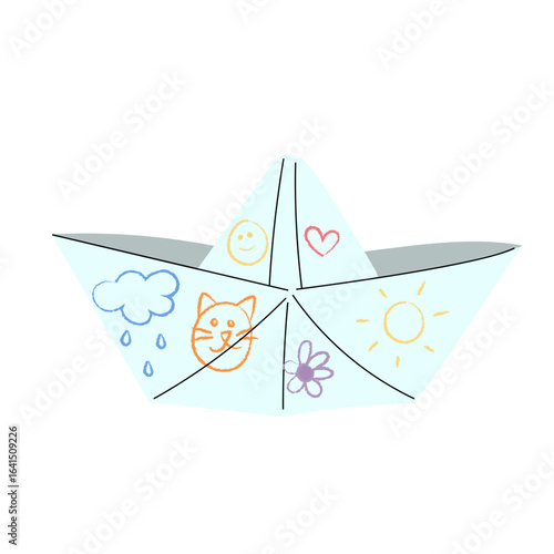 Paper boat with child’s pencil drawings. Cute handmade origami boat decorated with kids’ doodles and sketches, isolated on white. Perfect for childhood themes, creativity, and playful designs