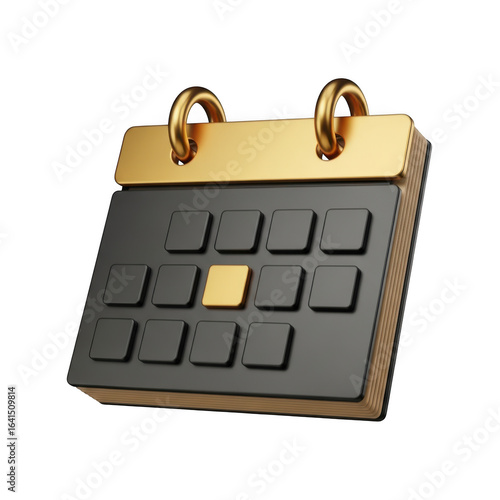 Black and gold calendar with a selected date isolated on transparent background