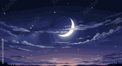 Crescent moon in starry sky