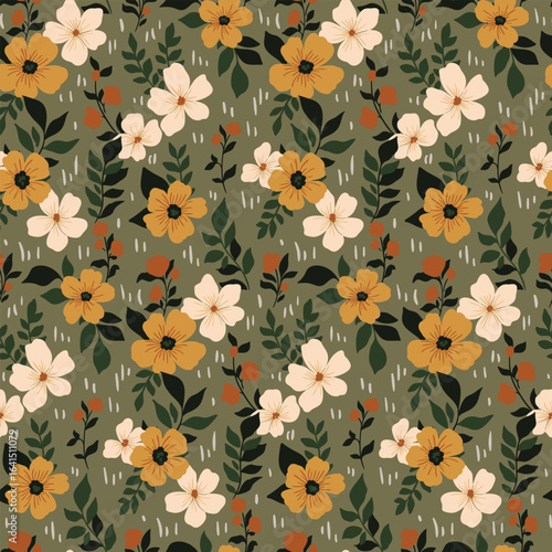 Seamless floral pattern, liberty ditsy print of hand drawn wild plants on green field. Cute botanical surface design of small flowers, tiny leaves, grass. Artistic nature tile. Vector illustration.