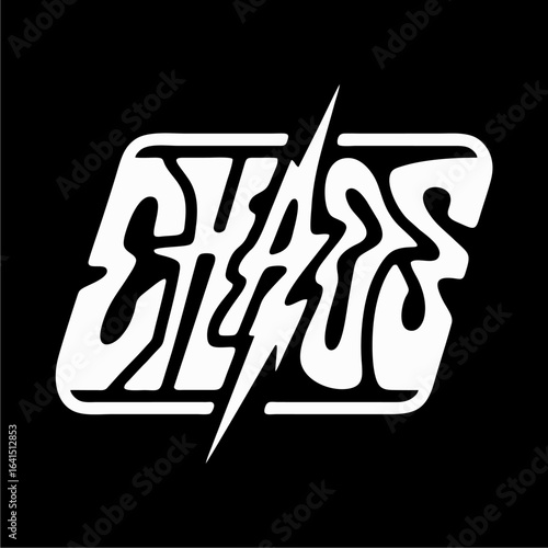 A monochrome logo of the word CHAOS in a distorted, melting font with a lightning bolt cutting through the letters.