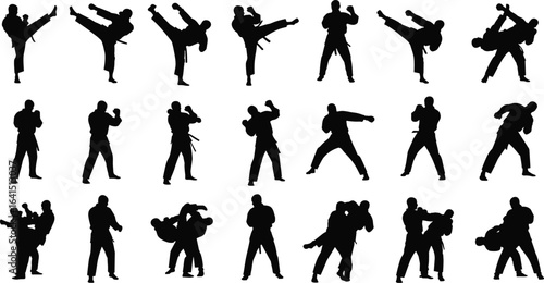A diverse collection of martial arts silhouettes, showcasing a variety of poses and techniques including kicks, punches, and grappling.
