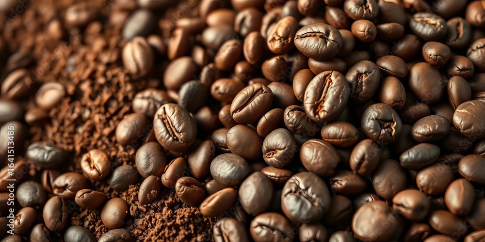 Fototapeta premium Intensely aromatic coffee beans, whole and ground, rich brown hues, textured surfaces, texture, texture background